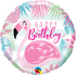 A round balloon with a pink flamingo design and 'Happy Birthday' text on it, against a striped background.