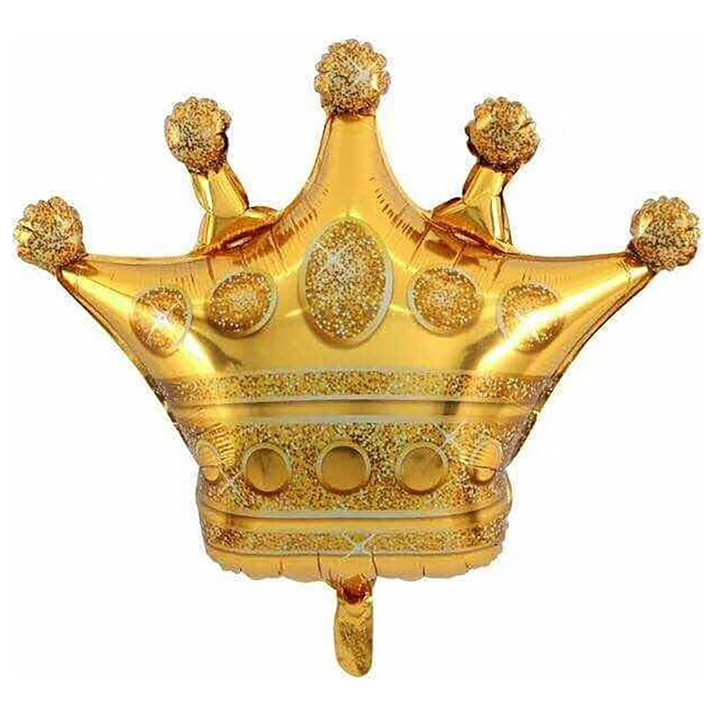 A large, golden mylar balloon in the shape of a crown with decorative elements on top.