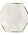 white and gold stripe paper plates