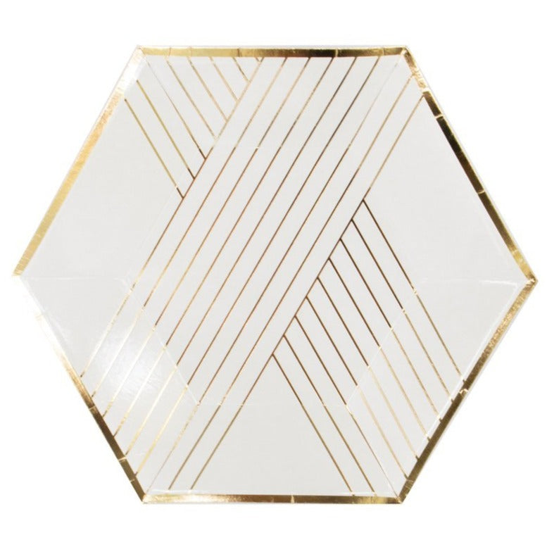 white and gold stripe paper plates