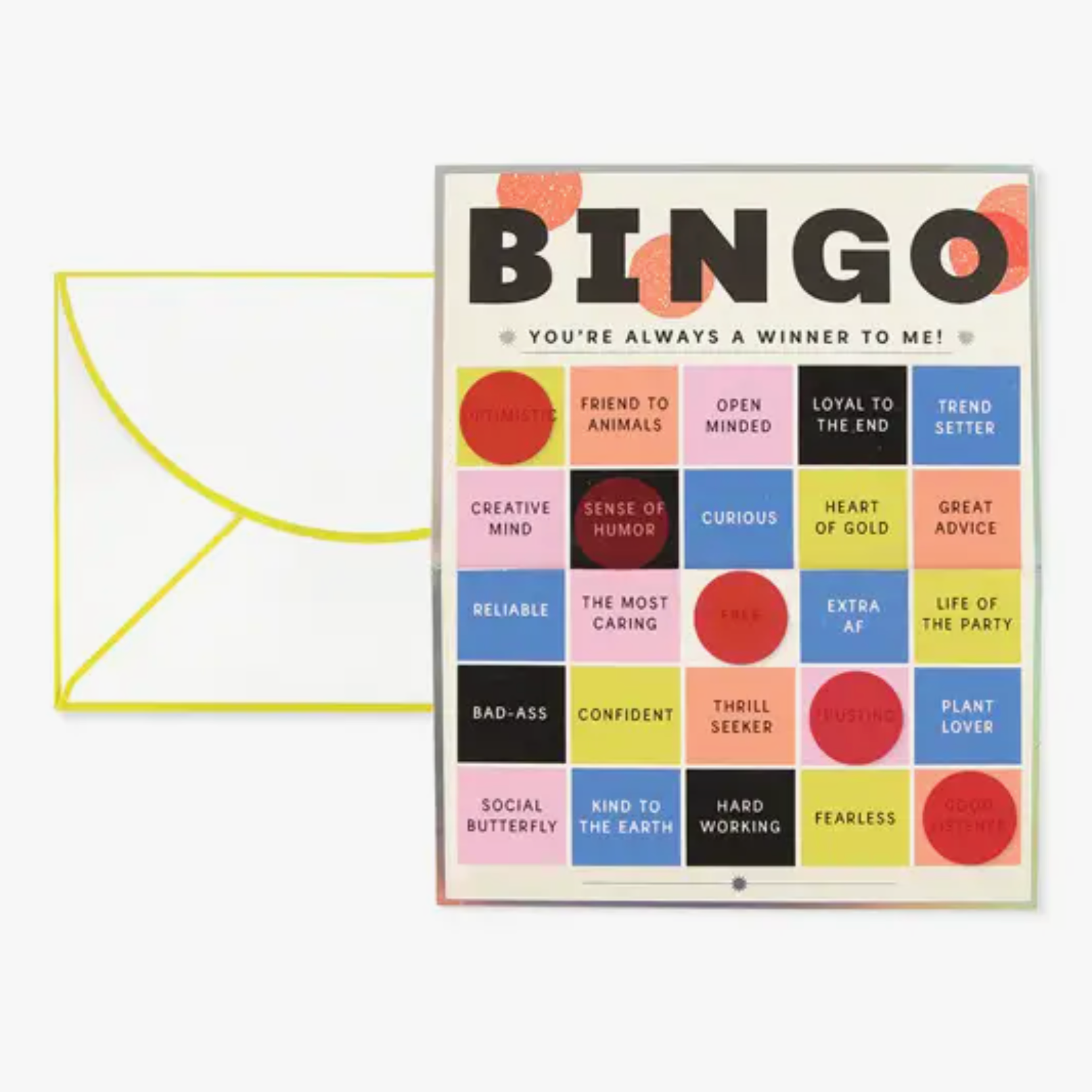 A personalizable bingo greeting card with various colorful phrases on it, alongside an included envelope.