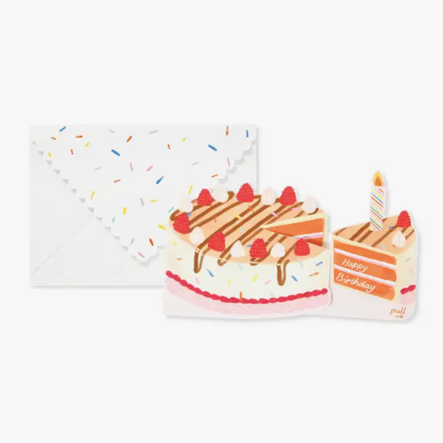 A greeting card with a pop-up design featuring a birthday cake and candle, along with a blank space for a personal message.