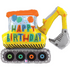 A colorful construction-themed birthday balloon featuring an excavator with 'Happy Birthday' text.