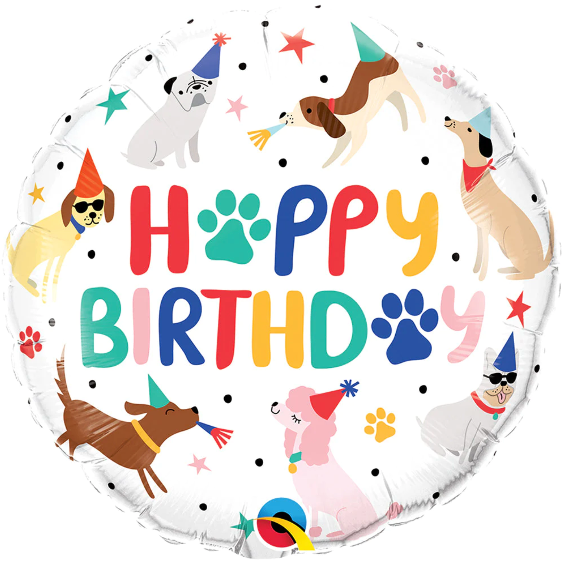 A round balloon with a 'Happy Birthday' message, decorated with colorful illustrations of various dogs, bones, and party hats.