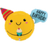 yellow smiley face balloon holding a cupcake and bubble text that reads happy birthday