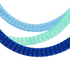 A set of three blue tissue paper honeycomb garlands with gold metallic cords for hanging.
