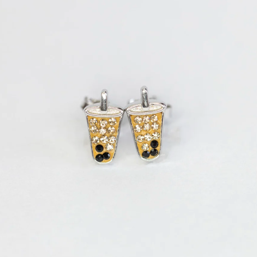 Boba Tea Crystal Silver Stud Earrings