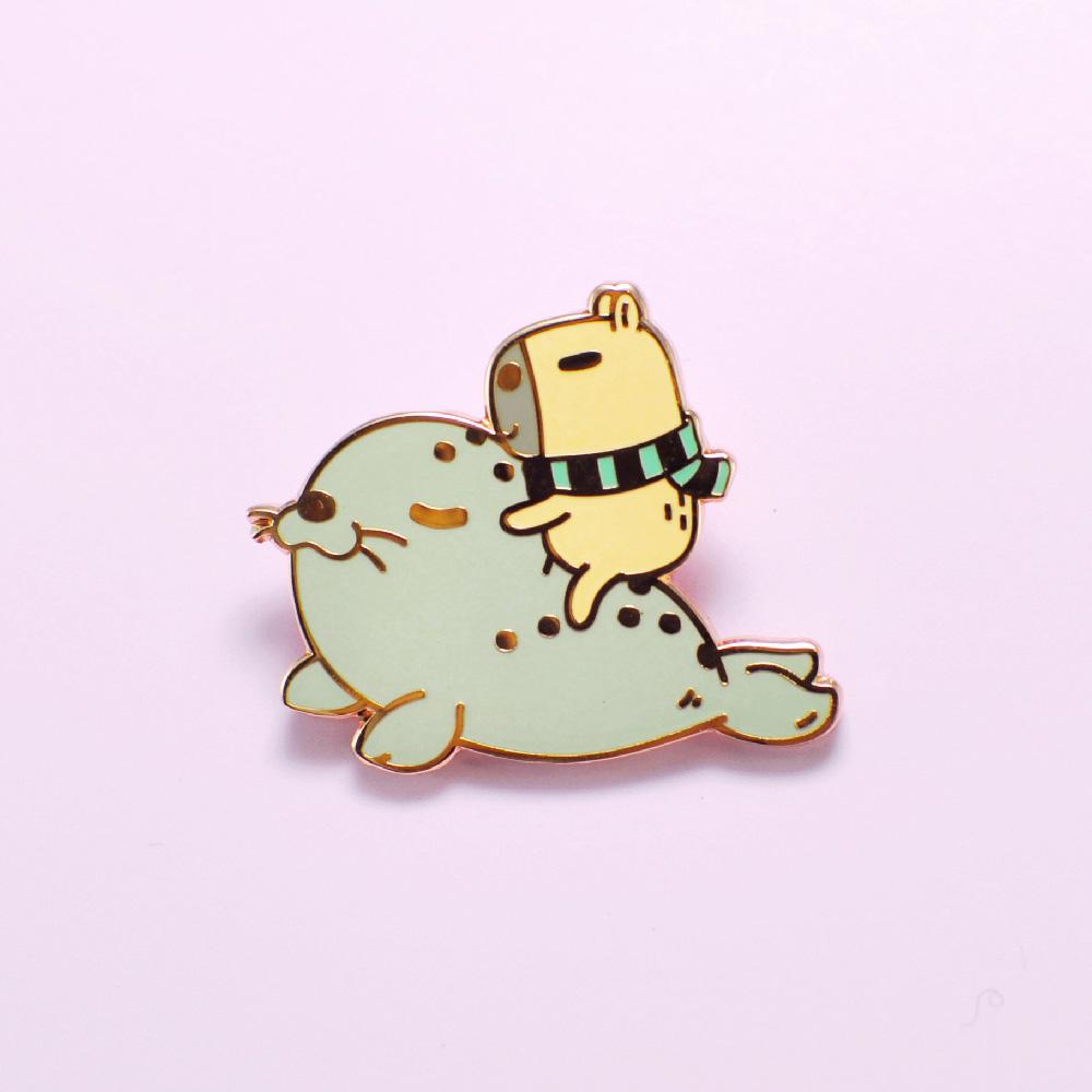 Capybara and Grey Seal Enamel Pin