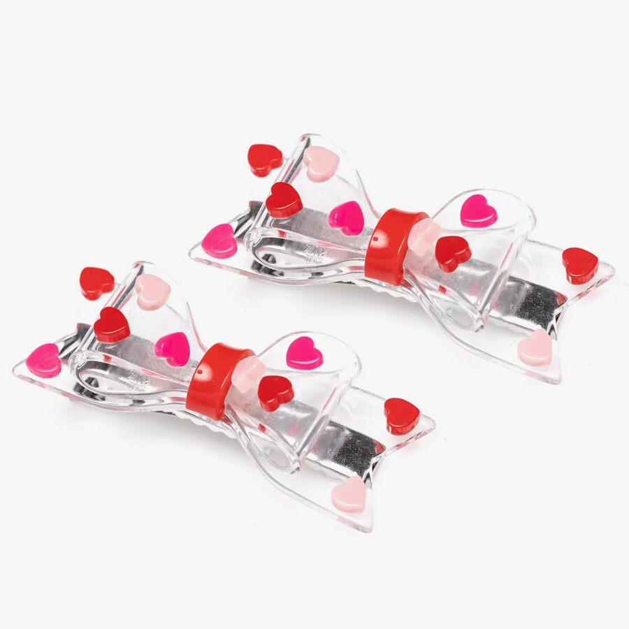 Clear Bow With Red Pink Heart Alligator Clips