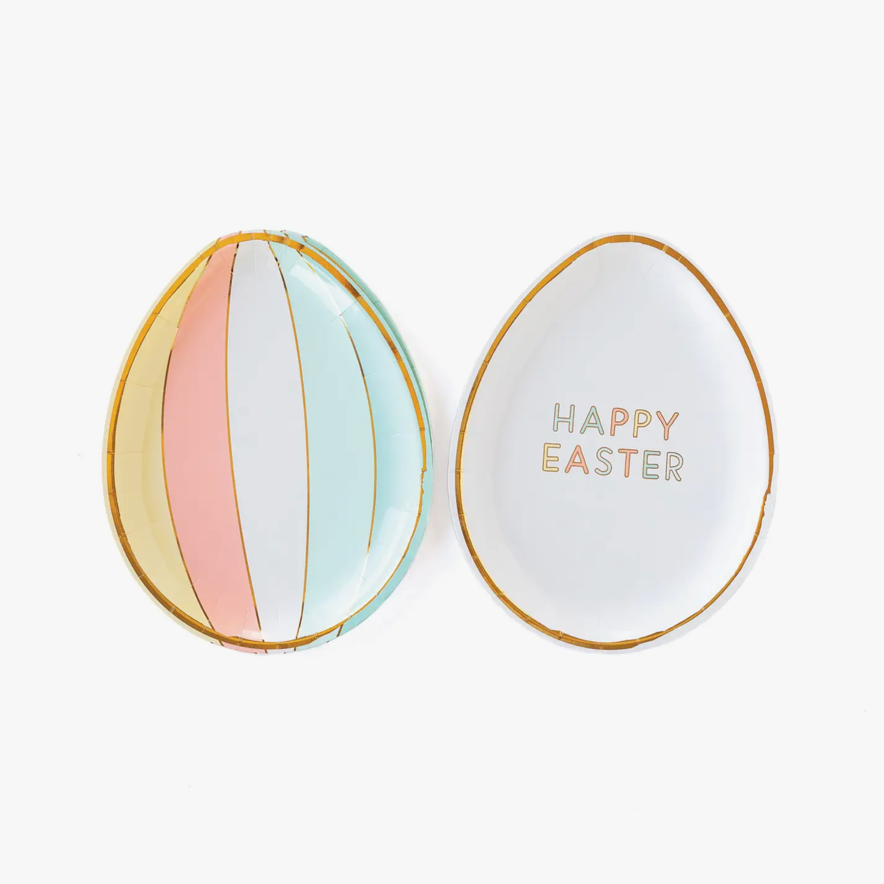 Pastel egg shaped plate with rainbow stripes and text Happy easter
