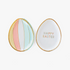 Pastel egg shaped plate with rainbow stripes and text Happy easter