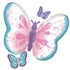 A 29 inch mylar balloon in the shape of a pastel butterfly with pink and purple colors, accompanied by two smaller butterfly-shaped balloons.