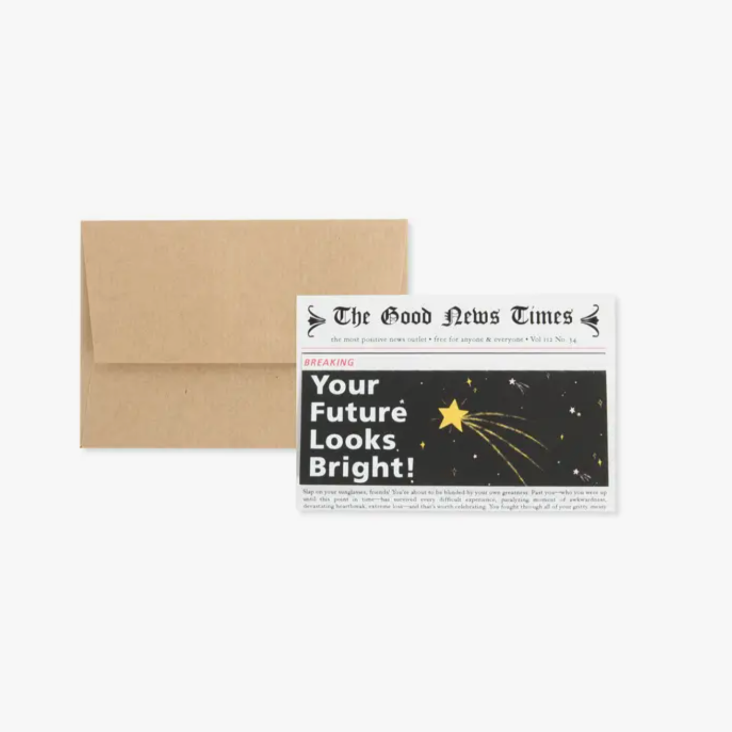 A greeting card with a 'Future Looks Bright' message, displayed in front of a newsprint background, indicating a humorous or celebratory tone. An envelope is also shown to the left of the card.