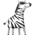 A 36 inch foil balloon designed to look like a zebra with black and white stripes and a face painted on the front.