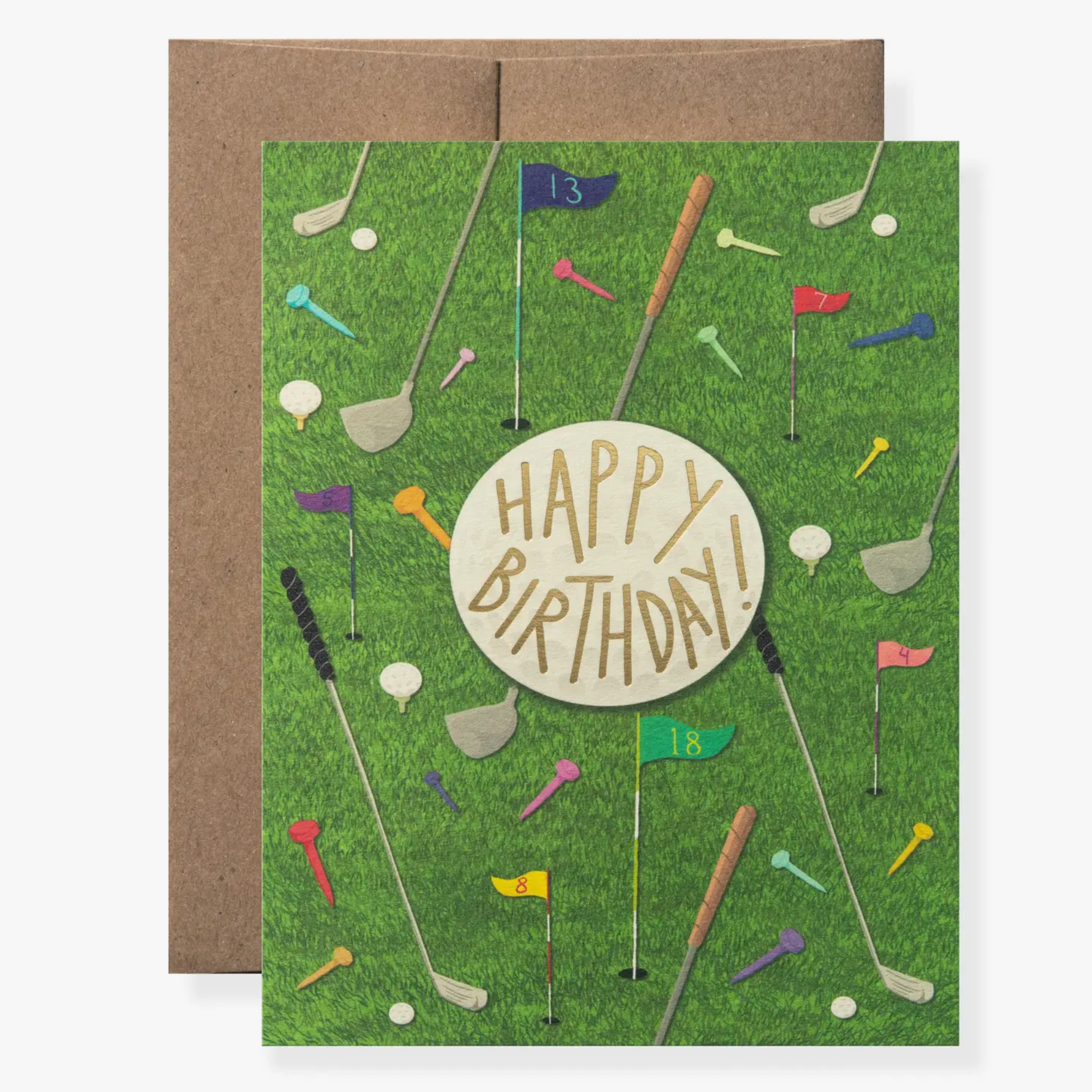 A greeting card with a golf-themed design, featuring various golf clubs and a golf ball on a green background, with the text 'Happy Birthday!' in the center.