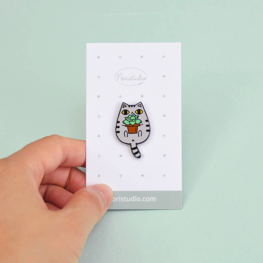 Cat and Plant Enamel Pin