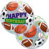 A clear balloon with sport balls printed and a happy birthday banner