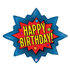 A round balloon with a 'Happy Birthday' message in a comic book style with a starburst design and colorful letters.