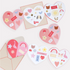 A set of 12 heart-shaped Valentine's Day cards with various designs such as animals, flowers, and cute phrases like 'love' and 'kiss'. They have shiny gold foil details and some come with a matching envelope.