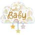 A cloud-shaped balloon with pastel rainbow details and the text 'Hello Baby' in gold letters.