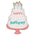 A pink an coral tired birthday cake shaped balloon with text "happy birthday"