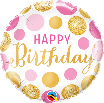 pink gold polka dots happy birthday balloon