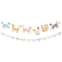 A kitten-themed garland featuring various illustrations of cats, paper honeycombs, and pennants in shades of cream, mint, gold, and natural cotton tape with pompom details.