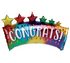 A multicolored balloon with the word 'CONGRATS' followed by a series of stars, in various colors