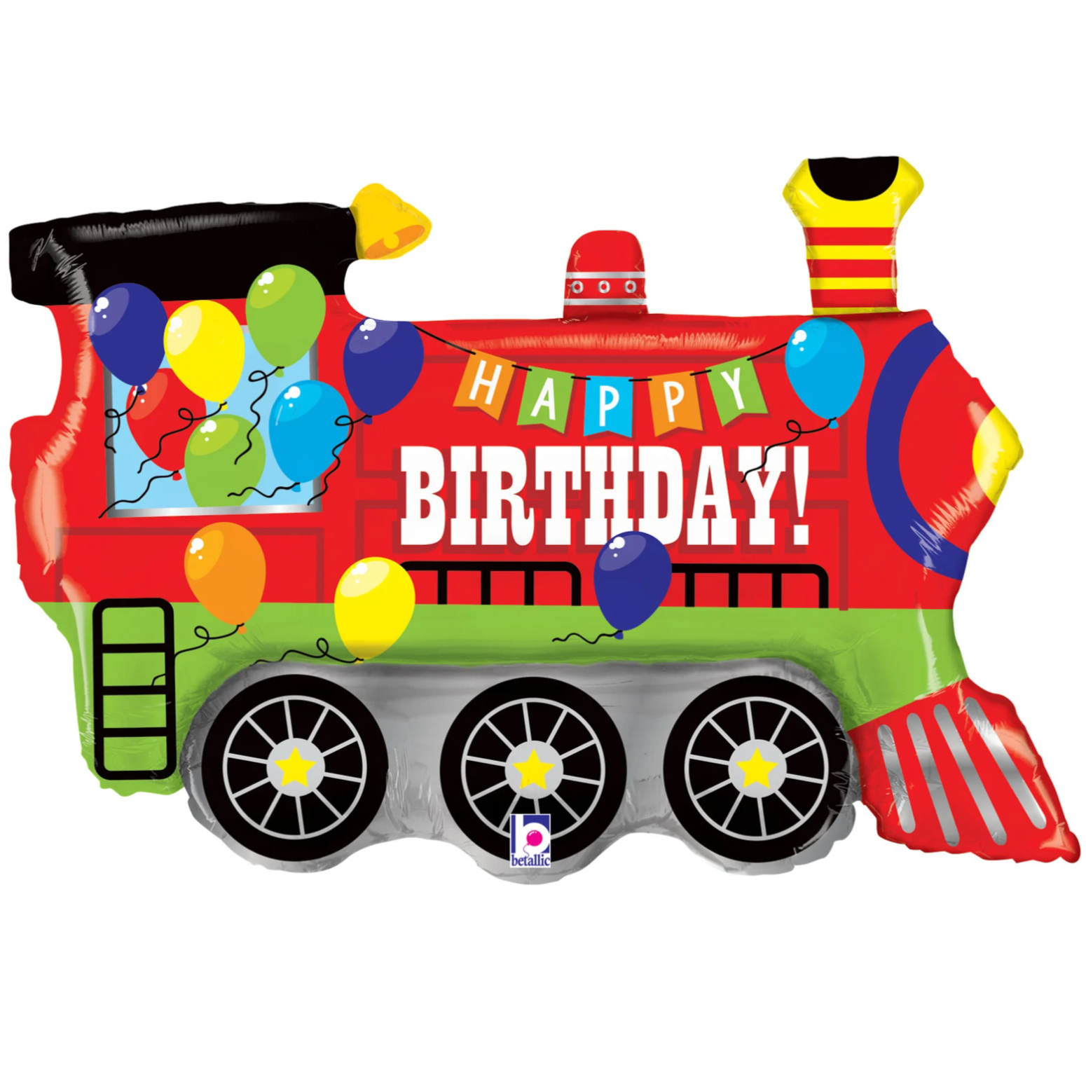 A train-themed birthday balloon with red, green, and yellow colors, featuring the text 'HAPPY BIRTHDAY!' and balloons attached to it.
