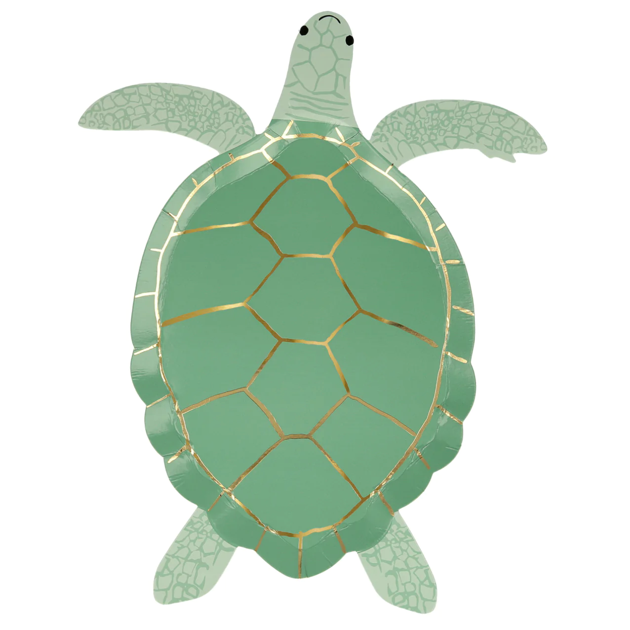 A turtle-shaped ceramic plate with green shell and gold foil details on a white background.