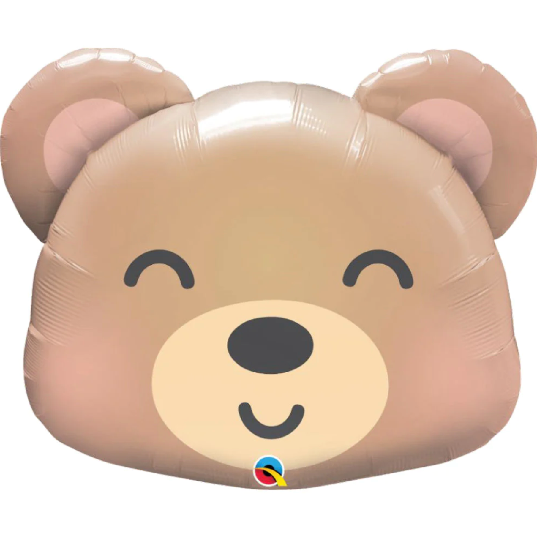 A smiling bear-shaped balloon with a happy facial expression, predominantly in brown color.