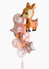 A balloongram featuring a baby deer shape with a customizable orb and multiple latex and confetti-filled balloons in shades of pink and brown.