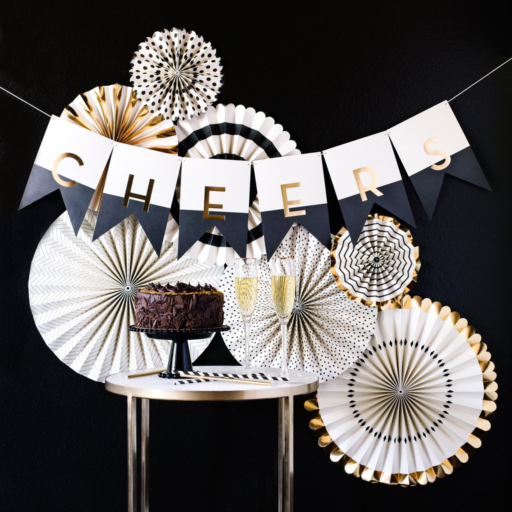 black white gold letter banner