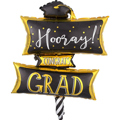 black and gold graduation grad cap road sign balloon