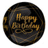 A round black birthday balloon with the words 'HAPPY BIRTHDAY' in gold letters.