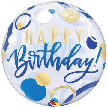 Happy birthday blue and gold dots bubble balloon