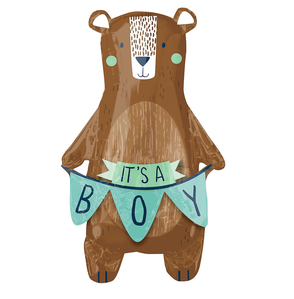 brown bear balloon holding it's a boy flags