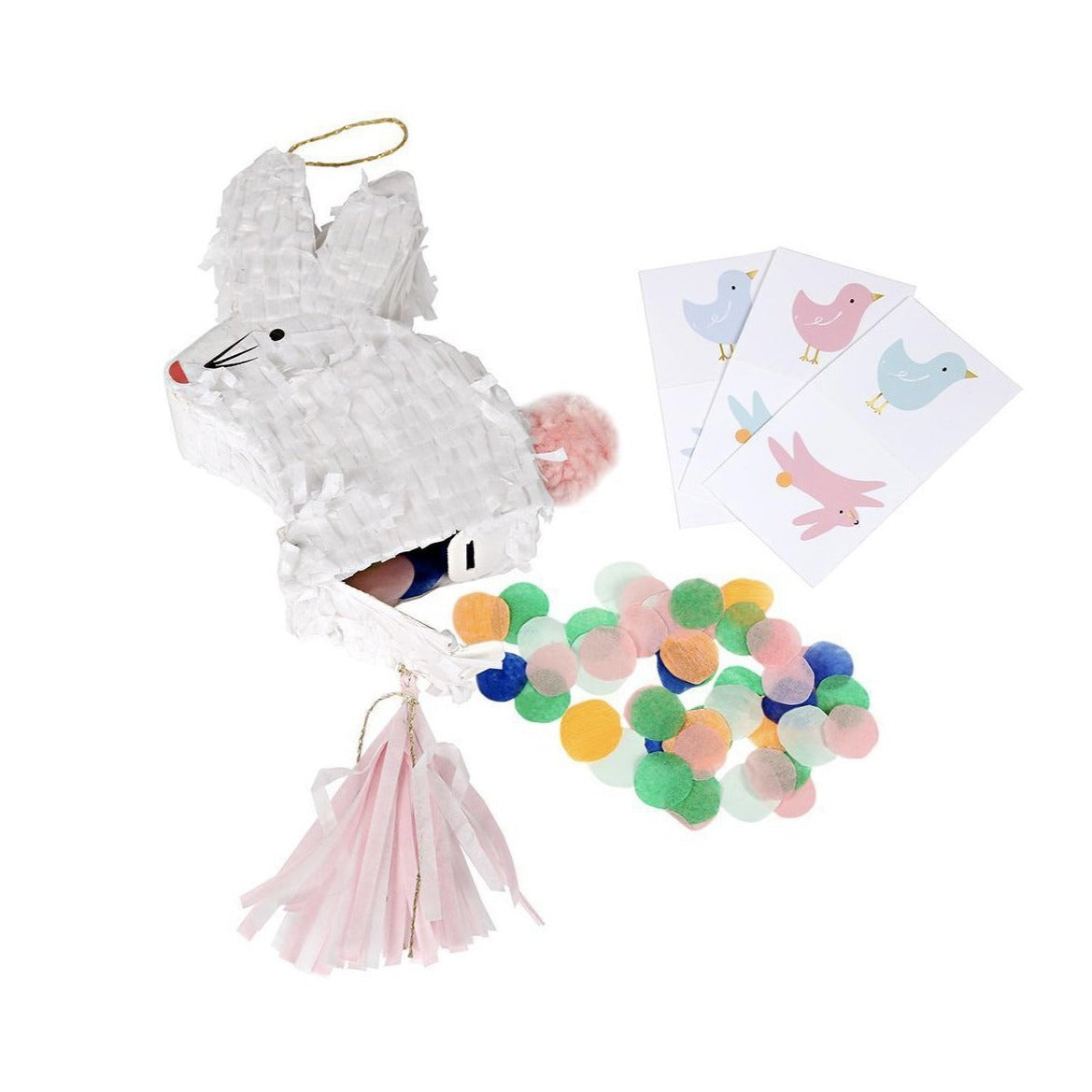 bunny favor pinata with confetti and tattoos