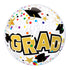 A clear bubble balloon with black and gold graduation cap patterns, multicolored dots, and the text 'GRAD' in gold letters.