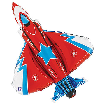 red and blue fighter jet balloon