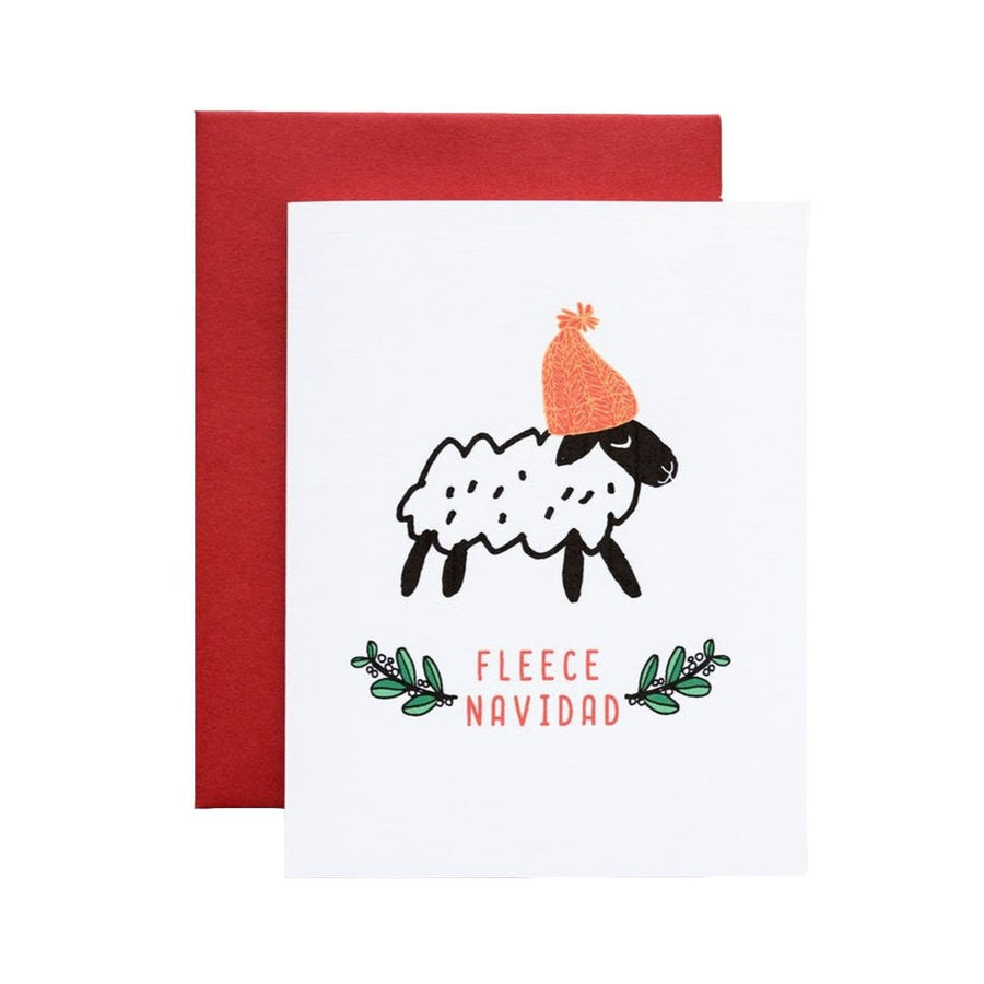 fleece navidad sheep in red hat holiday greeting card