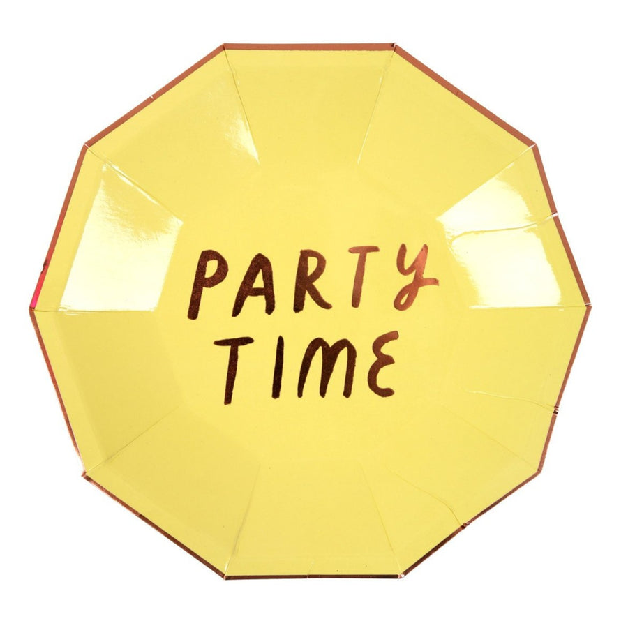 yellow party time paper plate