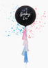 A large black balloon with the word 'Baby' and a name 'Lu' written on it, accompanied by a shower of blue and pink tissue paper confetti and several handmade paper tassels.