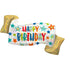 A holographic birthday balloon decorated with stars in various colors