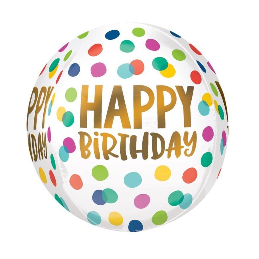 a round happy birthday balloon with colorful dots