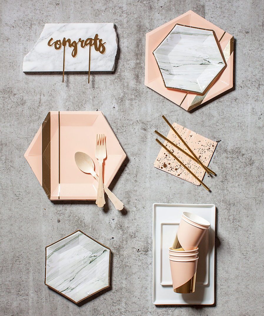 peach gold and marble table decorations