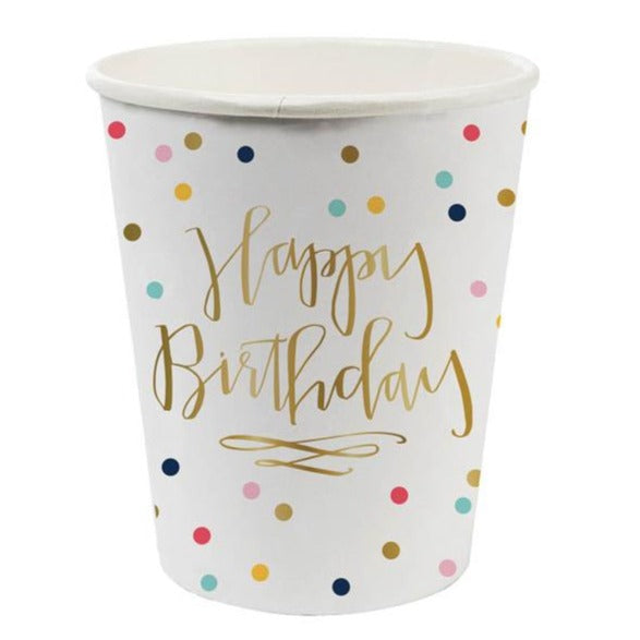 happy birthday with rainbow polka dots paper cups