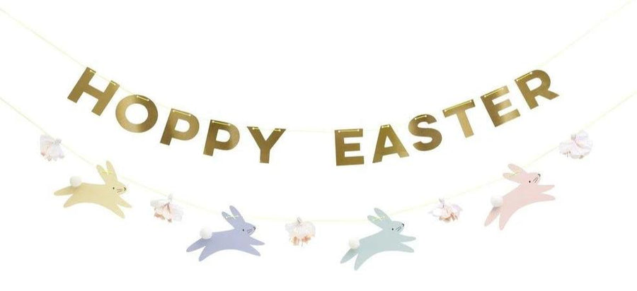 hoppy easter pastel bunny and gold lettered banner decoration