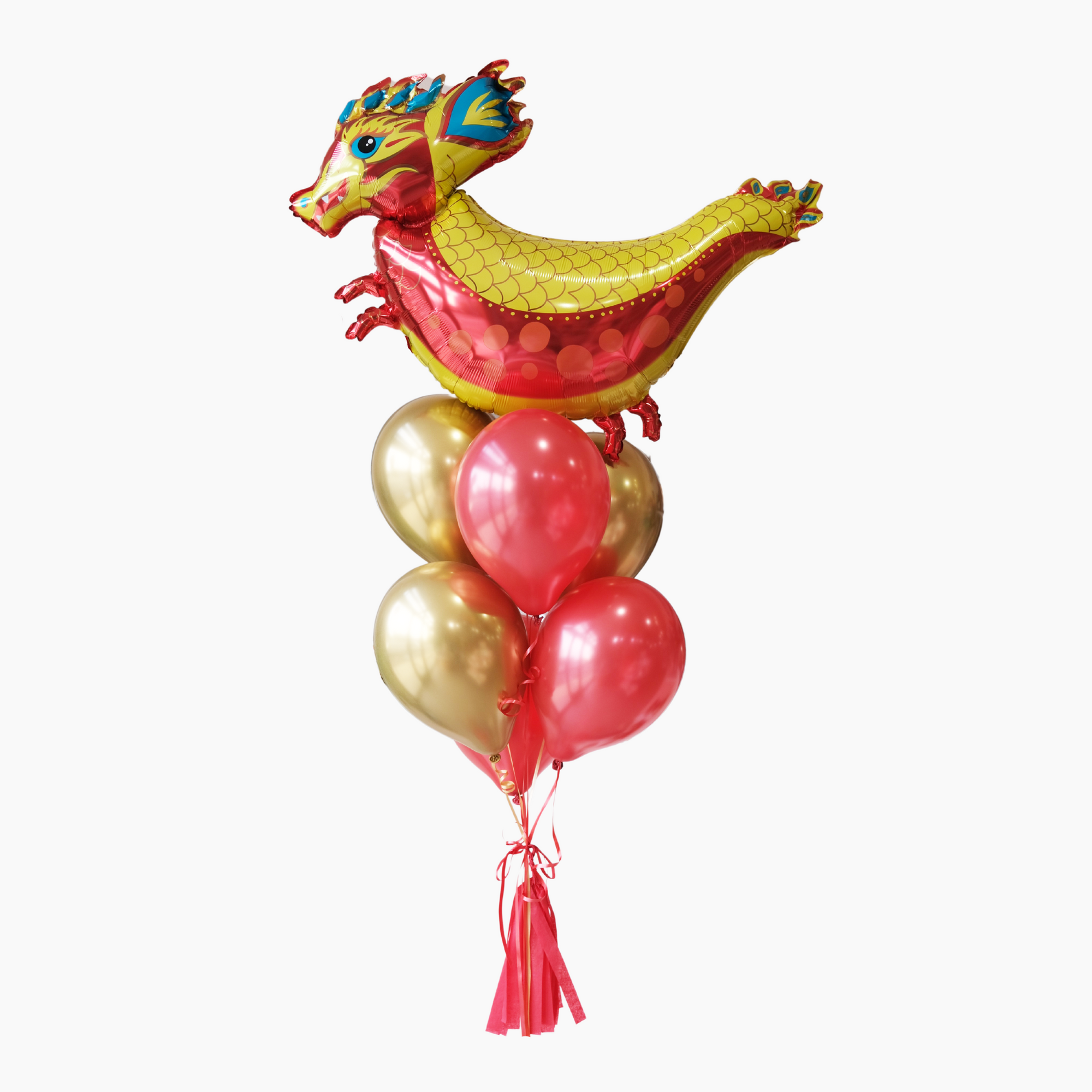 red dragon balloon with red and gold balloons underneath