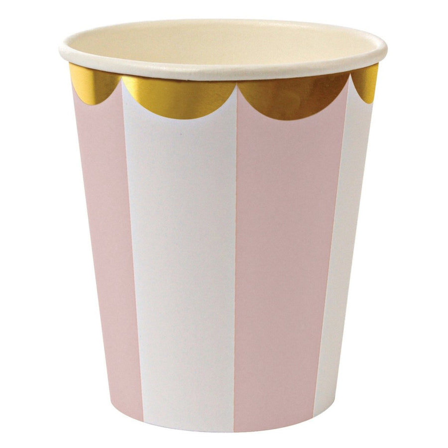 pink and white striped paper cups with gold scalloped edge